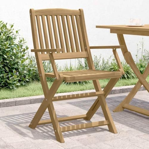 KTHLBRH Klappbarer Gartenstuhl aus Akazienholz mit Rückenlehne und Armlehnen, Latten-Design für den Außenbereich, robust und stabil, Kapazität 110 kg, ideal für den Innenhof