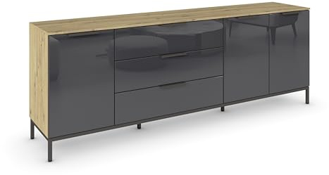 Rauch Möbel Flipp, Kommode, Farbe Glas Basalt/Eiche Artisan, Breite 199 cm | Sideboard, 3-türig, 3 Schubladen, Glasfront, Soft-Close, Griffe, Metallkufe Graphit für Schlafzimmer, Gästezimmer, Wohnzimmer