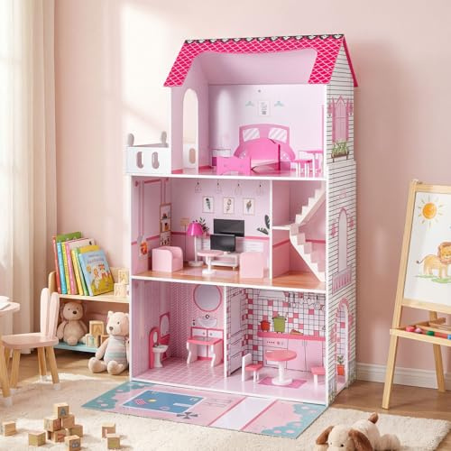 COSTWAY Puppenhaus Holz groß, 120,5 cm Kinder Dollhouse mit Zubehör & Möbel | Puppenstube 3 Etagen, Puppenvilla für Mädchen & Jungen ab 3 Jahren, Puppen bis 35 cm, Rosa