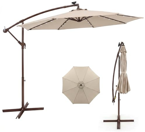 RELAX4LIFE Sonnenschirm Ø 300 cm, Terrassenschirm mit 40 Solar-LED-Leuchten, Ampelschirm mit Kurbel & Ständer, Gartenschirm wasserabweisend, Marktschirm mit UV-Schutz für Garten Pool Terrasse (Beige)