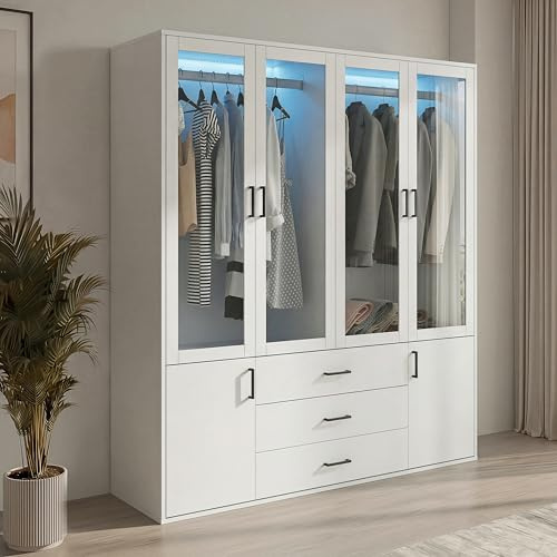 Henunem Armoire Chambre avec éclairage LED,Armoire 6 Portes et 3 tiroirs Armoires 180 cm Meuble de Rangement avec 3 tiroirs Armoires de Rangement Chambre Transparente,160x52x182cm,Blanc