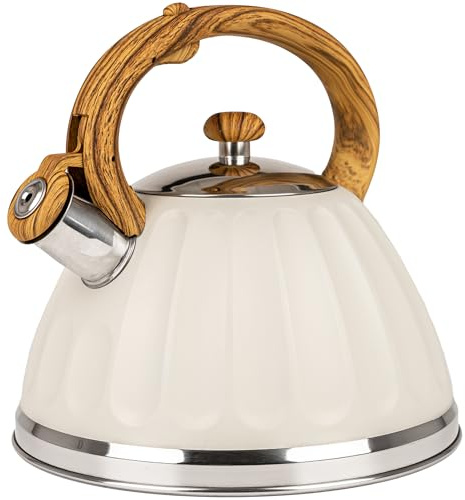 KARL HAUSMANN Tetera Silbante Inox 3 L Inducción Gas, Crema/Plata | Hervidor de acero inoxidable para inducción, gas y vitrocerámica, silbato, tapa extraíble y asa efecto madera