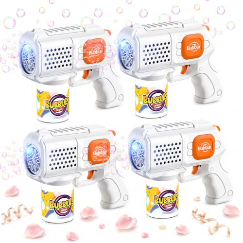BUBOJOY 4PCS Pistolets à Bulles pour Enfants, Machine Bulles Mariages Automatique 10000+ Bulle avec Lumière/10 Trous/Solution pour en Plein Air Fêtes Cadeau, Blanc