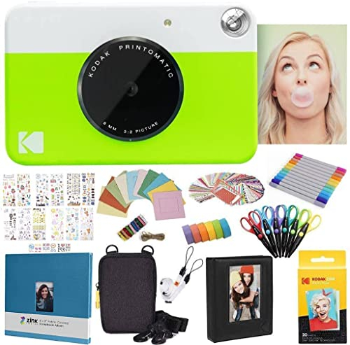 KODAK Printomatic Instant Camera (Green) All-In-Bundle + Zink Paper (20 Sheets) + Case + Photo Album + 7 Sticker Sets + Markers + Scissors