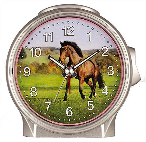 Eurotime Kinder Wecker für Mädchen mit Pferde-Motiv, Kunststoffgehäuse und Kunststoffglas, geräuscharmer Wecker, kein Ticken, mit Licht und Weckwiederholung, 29612-07