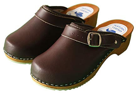 Womens Leather Clogs - Swedish Handmade White Black Brown Wooden Sole Sandals - Ladies Shoes with Strap Buckle - Many Sizes UK (8 UK, Brown)