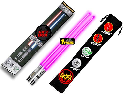 LIGHTSABER CHOPSTICKS LIGHT UP STAR WARS LED Glowing Light Saber Chop Sticks REUSABLE Sushi Lightup Sabers - Removable Handle Dishwasher Safe - Premium GIFT BOX & CARRY CASE Included - PINK 1 Pair