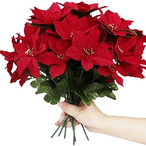 Homcomodar 4 Manojos de 7 Vabezas de Flores de Navidad Artificiales Poinsettia con Cabezas de Flores Falsas Extraíbles Flores Decoración de Interior para Guirnalda Fiesta DIY