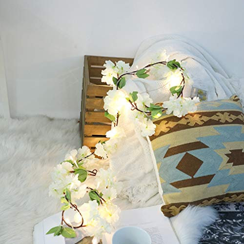Artificial Hydrangea Flowers Leaf Garland String Lights 20LED with Silk Floral 2 Meter Hanging Vine Fairy Lights for Wedding Party Home Garden Festival Décor (White Hydrangea, 6.56FT/20LED)