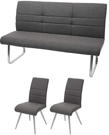 Mendler Set 2X Esszimmerstuhl+Sitzbank HWC-G55, Bank Küchenstuhl Stuhl, Stoff/Textil Edelstahl - grau-braun Bank 180cm