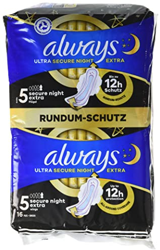 Always Ultra Secure Night Extra Size 5 Sanitary Pads with Wings Big Pack Thin and Super Absorbent Pack of 16