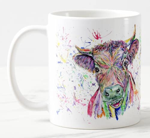 Vixar Dexter Tasse colorée en forme de vache avec aquarelle - Cadeau d'anniversaire, de travail, de bureau, de Noël (blanc)