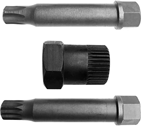 Alkan Extra kurze M10 Vielzahn und T50 (TX-Profil) Bit-Einsatz inkl. Einsatz Adapter mit 33-Zahn Nuss zur Montage Demontage | Werkzeug für Freilauf-Riemenscheibe Generator Lichtmaschine, 3-tlg.