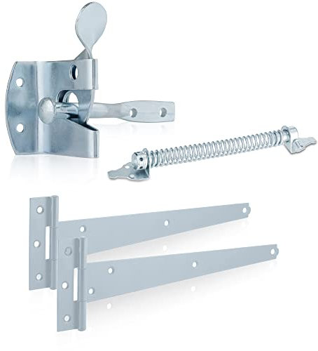 XFORT Premier Auto Gate Latch Zinc Pack, Complete With Two 300mm T-Hinges, One 8 Gate Spring, Weather Resistant Garden Gate Kit, Auto Gate Latch Set, Gate Fitting Kit For External Wooden Garden Gates