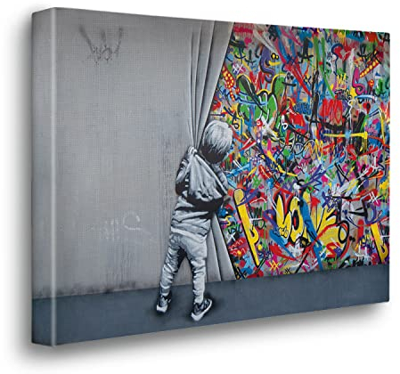 Giallobus - Gemälde - Banksy - Kind öffnet den Vorhang - Premium Loom Canvas mit hoher Dicke - 70x50 - Bereit zum Aufhängen - Moderne Gemälde für zu Hause