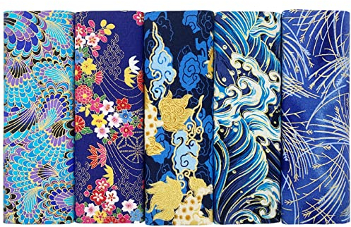 aufodara 5 pièces 40 x 80 cm Tissus Coton Couture Style Japonais Bronzant Imprime Patchwork Couture Quilting Scrapbooking Loisir Créatifs DIY Fabric à la Main en Tissu à Coudre (Bleu)