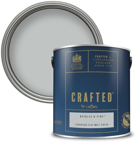 Crown CRAFTED Needles & Pins Matt Emulsion Grey Paint 2.5L | Light Grey velvety flat matt finish for interior walls, ceilings & wood. Soft to touch, hides imperfections, low VOC