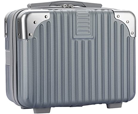Tolida Makeup Travel Case, Hard Shell Cosmetic Organizer Bag with Elastic Band and Soft Handle, Portable Mini ABS Carrying Suitcase for Skin Care (Vertical Grain with Corner Protector, Silver Gray)