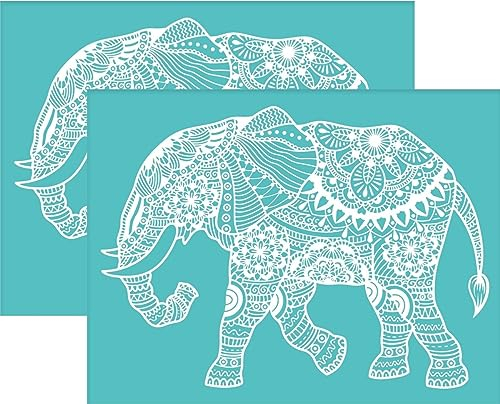 OLYCRAFT 2 Stück Elefant Mandala Muster Selbstklebende Siebdruck Schablonen Wiederverwendbare Mesh Schablonen Transfer Waschbare Heimdekoration für DIY T Shirt Stoff Malerei - 28x22cm