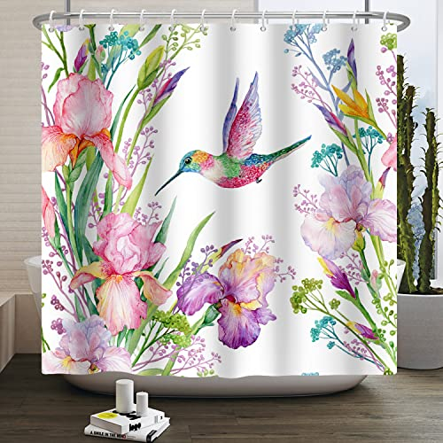 Bovlleetd 180x200cm Aquarell Blume Vogel Duschvorhang Bunte Kolibri Pflanze Blumen Badezimmer Vorhang Lustige Tier Frühling Landschaft Duschvorhänge mit Haken Badewanne Vorhang