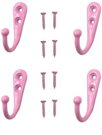 Yesmin 4 PCS Wall Mounted Hooks,Coat Hooks Retro Door Robe Hook for Hanging Towel Clothes Hat Key Single Metal Hook Cloth Hanger for in Bedroom Bathroom Kitchen Cupboard (with 8 Pcs Screws)-Pink