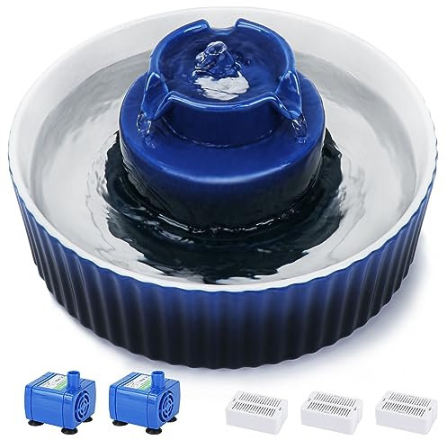 Lawfery Ceramic Cat Water Fountain, 2.1L/71oz Cat Fountain with 3 Carbon Filters and 2 Water Pumps, Cupcake Pet Water Fountain for Cats and Dogs (Dark Blue)