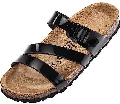 Palado Pantoletten Damen Ikaria – bequeme Sandalen Made in Spain - Hausschuhe mit dämpfendem Kork-Fußbett - modische Sommerschuhe Schwarz Lack UK9 - EU42