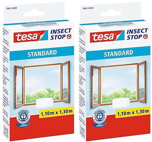 tesa Insect Stop Standard Fliegengitter für Fenster - Insektenschutz zuschneidbar - Mückenschutz ohne Bohren - 1 x Fliegen Netz weiß - 110 cm x 130 cm (Packung mit 2)