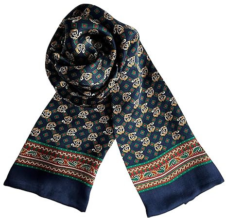 JWSilk Langer Charmeuse Seidenschal für Herren, Marineblaue und kastanienbraune Quadrate, 63x10
