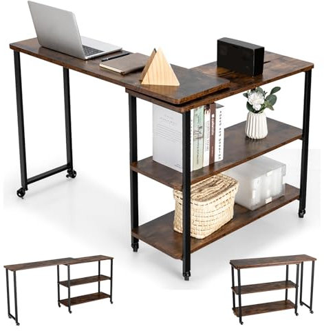 COSTWAY Table d’Appoint, Bureau d’Angle Mobile avec 3 Étagères, Bout de Canapé Convertible pour Salon, Chambre, Montage Facile, Bureau avec Rangement, Marron Rustqiue(L)