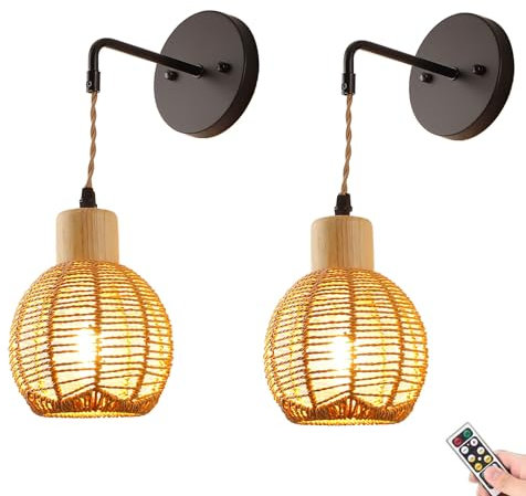 KEFA Battery Operated Wall Sconces, Rechargeable Wireless Rattan Wall Lights Fixture, Not Hardwired Dimmable Wall Lamp with Remote for Bedroom, Living Room, Bathroom, Hallway (Size : Set of 2)