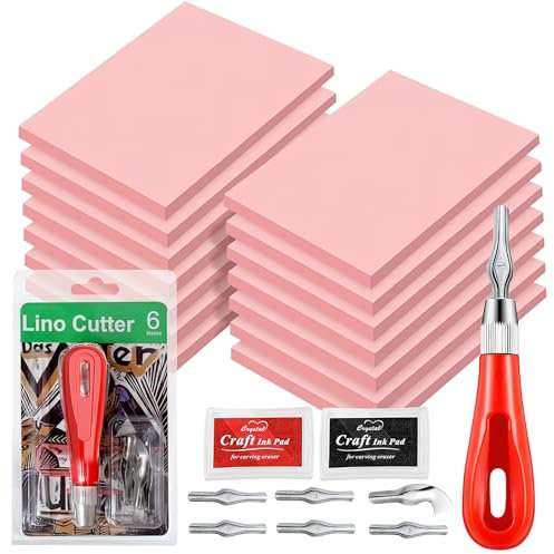 12 Pack Rubber Carving Blocks, Pink Linoleum Carving Blocks Rubber Stamp Block Bulk with Cutter Tools Soft Stamp Carving Kit for Beginners and Artists DIY Project