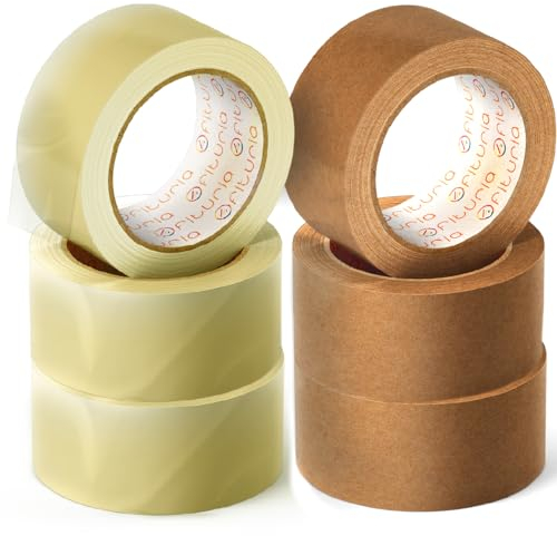 OFITURIA Klebeband, Ideales Paketklebeband für das Verpacken von Kartons, Versand und Umzüge, Packung mit 6 Rollen Klebeband, Sicheres und strapazierfähiges Klebeband (3 Transparent, 3 Kraft)