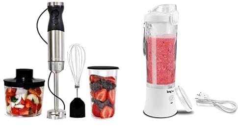 Kenmore Hand Blender 4-in-1 Immersion Blender Electric Food Chopper 700ml Variable Speed Hand Blender + Total Chef Portable Blender 600ml Personal USB Rechargeable Mini Blender with 6 Blades White
