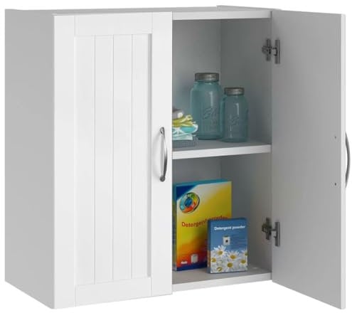 Shally Dogan Pensile da Bagno a Parete, Armadio Sospeso da Cucina in Legno con Due Ante e 1 Ripiano Regolabile, Armadietto a Muro Rigato Spazioso e Resistente, Dimensioni 59.5 x 31 x 59.5 cm