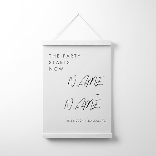 Personalisierbares Willkommensschild – The Party Starts Now, modernes Hochzeitsschild, personalisiertes Leinwandschild zum Aufhängen für Hochzeiten, Jubiläen und besondere Anlässe (2)