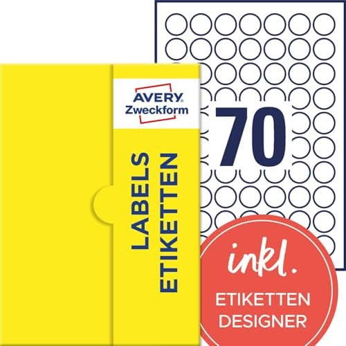 AVERY Zweckform P3414-25 Runde Etiketten (1.750 Klebepunkte, Ø25mm auf A4, runde Aufkleber zum Bedrucken, selbstklebende Produktetiketten, permanent haftende Marmeladenetiketten) 25 Blatt, weiß
