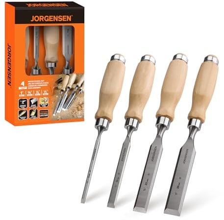 Jorgensen 4-Piece Wood Chisel Set, Chromium Alloy Steel Beveled Edge Wood Chisels, Wood Chisels for Woodworking, Ergonomic Hardwood Handle with Metal Ferrule, 1/4, 1/2, 3/4, 1