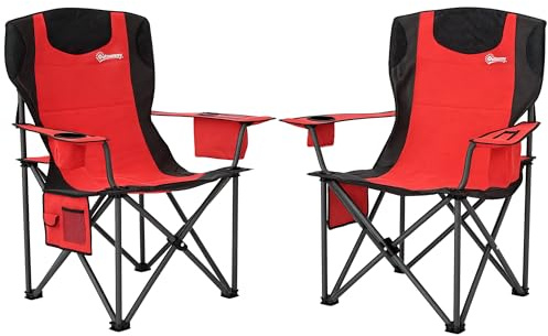 Outsunny Set of 2 Folding Camping Chairs, Padded, Adjustable Armrests, Red