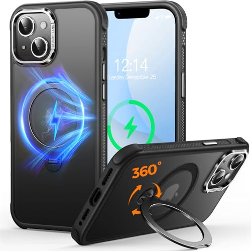 CUTELFON O3 Mag-Ständer Entwickelt für iPhone 13/14 Hülle mit 360° Ständer,[Kompatibel mit MagSafe][Super Hautgefühl] Durchscheinende Matte Magnetische Schlanke Handyhülle 6,1,Matt Schwarz