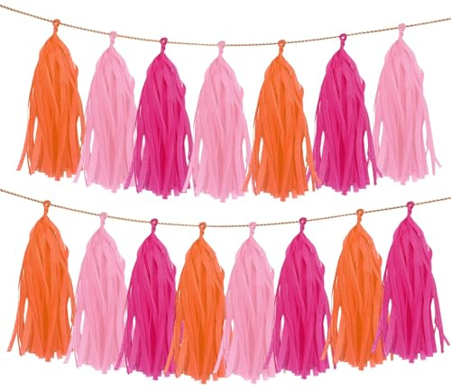 EXIN DECHEN Papier Quasten Banner, 15 Stück, Rot/Rosa/Orange | Bunte Deko Tassel Girlande, Seidenpapier, Für Baby Dusche, Geburtstag, Hochzeit