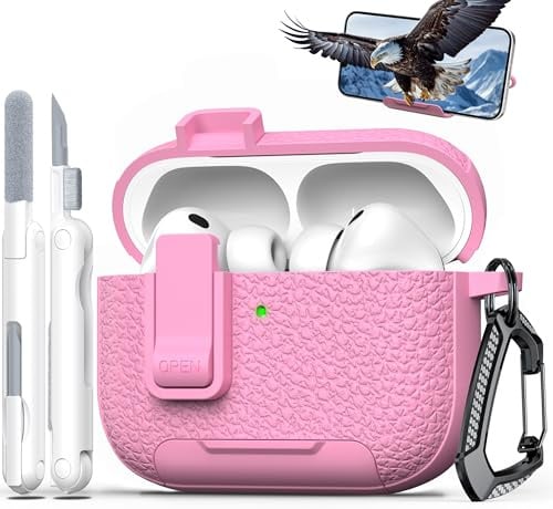 RFUNGUANGO AirPods Pro 3 Hülle, Leder Reinigungsset Karabiner, Rosa | Leder-Schutzhülle mit Sicherheitsverschluss, Karabiner, Handyhalter & Reinigungsset passend für AirPods Pro 3