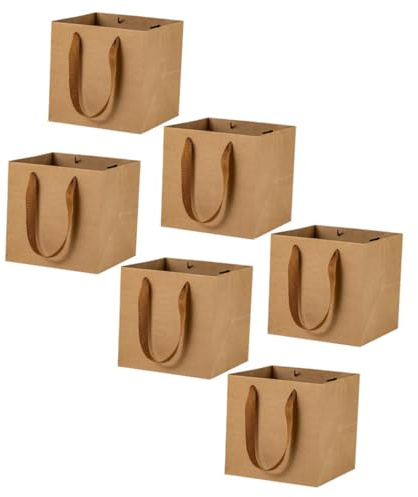 HEMOTON 6 Stück Quadratische Kraftpapiertüten Braun mit Griff Sichere und Verstärkte Geschenktaschen für Kuchen Blumen Bonsai und Dekoration im Klassischen Stil