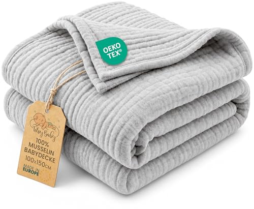 Musselin Decke Babydecke Baumwolle 100 x 150 cm - Musselindecke Kuscheldecke Baby Musselintücher Kinderdecke dünne Babydecken Pucktuch Muslin Blanket für Kinder Oeko-Tex-Zertifikat Grau