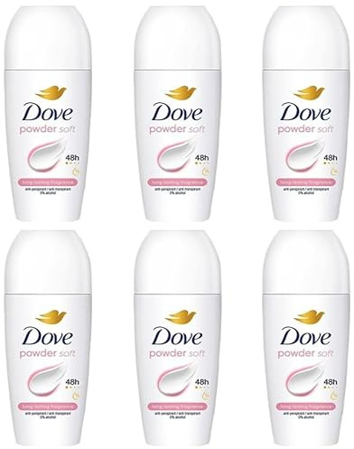 6x Dove Powder Deodorant Roll-On mit 48 Stunden Schutz gegen starkes Schwitzen und Körpergeruch mit Skin Hydration Technology,1/4 Pflegecreme, 50ml (6er Pack)