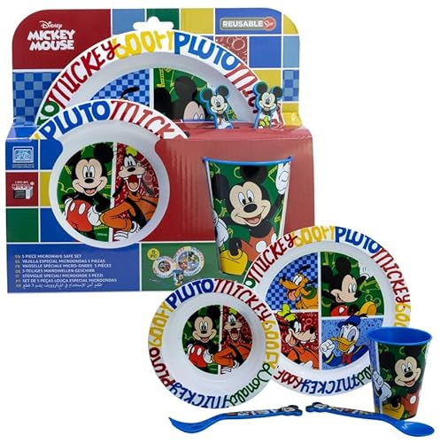 5PCs Mickey Mouse Kids Tableware Set - Reusable PP Plate, Bowl, Cup, Fork and Spoon for Children, Microwave and Dishwasher Safe Dinnerware Set for Mealtimes 4+ Years