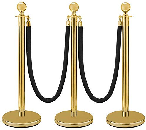 Aioneer 3 Pcs Crowd Control Barrier, Round Top Polished Stainless Stanchions Posts Queue Pole Stanchion Set With 2 Velvet Rope, For Theaters Party