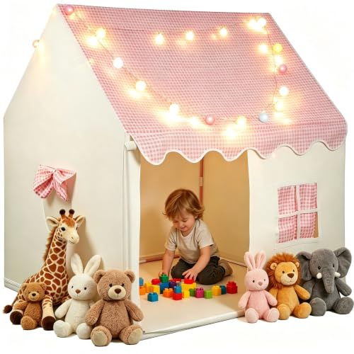 eSynic Kinder Zelt Indoor mit LED Lichtern Spielhaus Einfach Aufbau Kinder Bettzelt Faltbares Spielzelt für Drinnen Metallgestell Kinderspielhaus Kuschelecke Kinderzimmer für Schlafzimmer & Garten