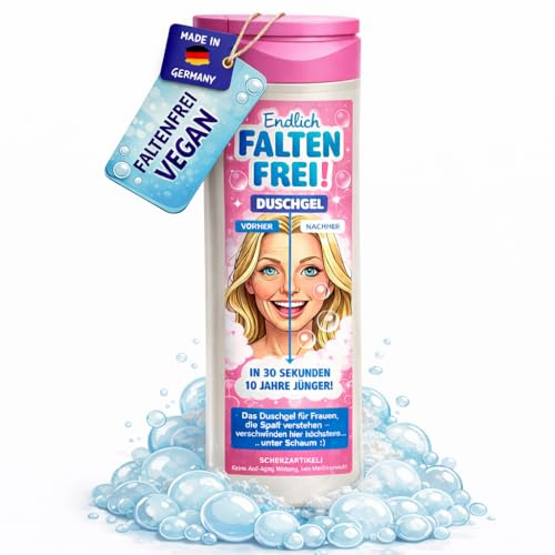 Faltenfrei Duschgel 300ml – Lustiges Geschenk für Frauen mit Humor – Witzige Geschenkidee für Freundin, Schwester & Geburtstag (VEGAN)