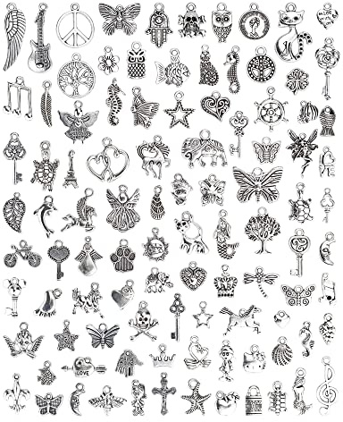 JIALEEY Wholesale Bulk Lots Jewelry Making Silver Charms Mixed Smooth Tibetan Silver Metal Charms Pendants DIY for Necklace Bracelet Jewelry Making and Crafting, 100 PCS